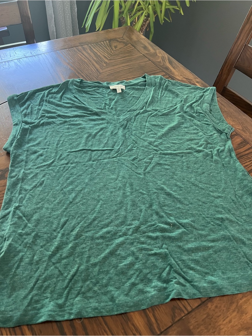 Jessica Simpson Green Solid Knit V-Neck Short Sleeve T-Shirt Women’s L # 669
